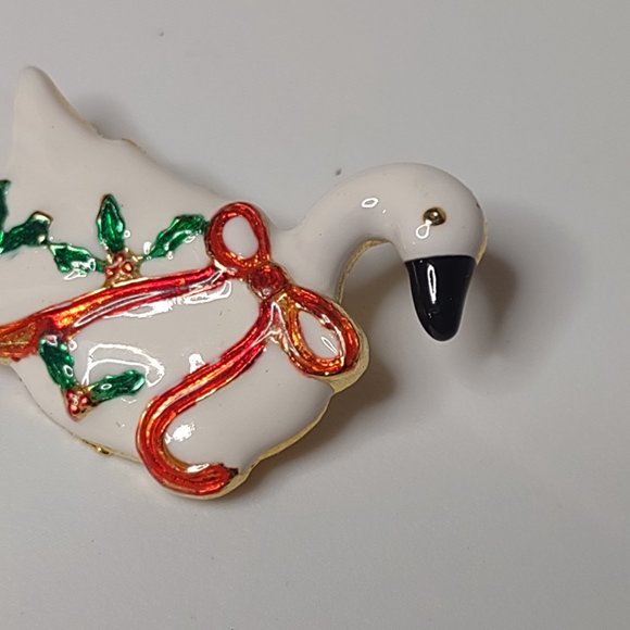 White Enamel Christmas Goose Brooch - Picture 4 of 10